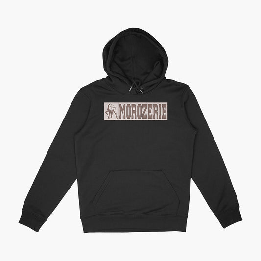 Hoodie de la morozerie avec le logo et le nom de la marque dans une bannière de style université américaine