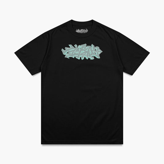 T-shirt de la morozerie avec un lettrage de style graffiti dans les tons bleu azur