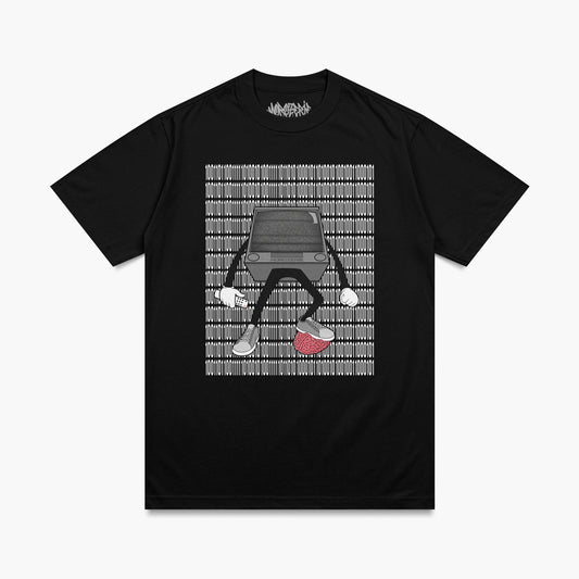 T-shirt de la morozerie avec une télévision humanoïde qui écrase un cerveau, en fond un code binaire signifiant "Morozerie"