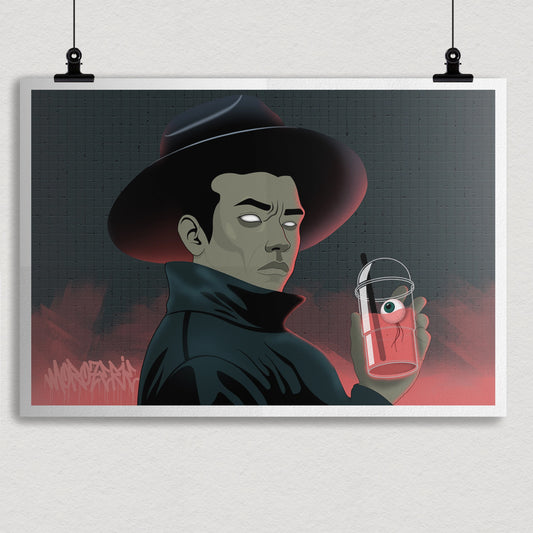 affiche imprimé avec un homme étrange buvant un smoothie dans le quel flotte un œil