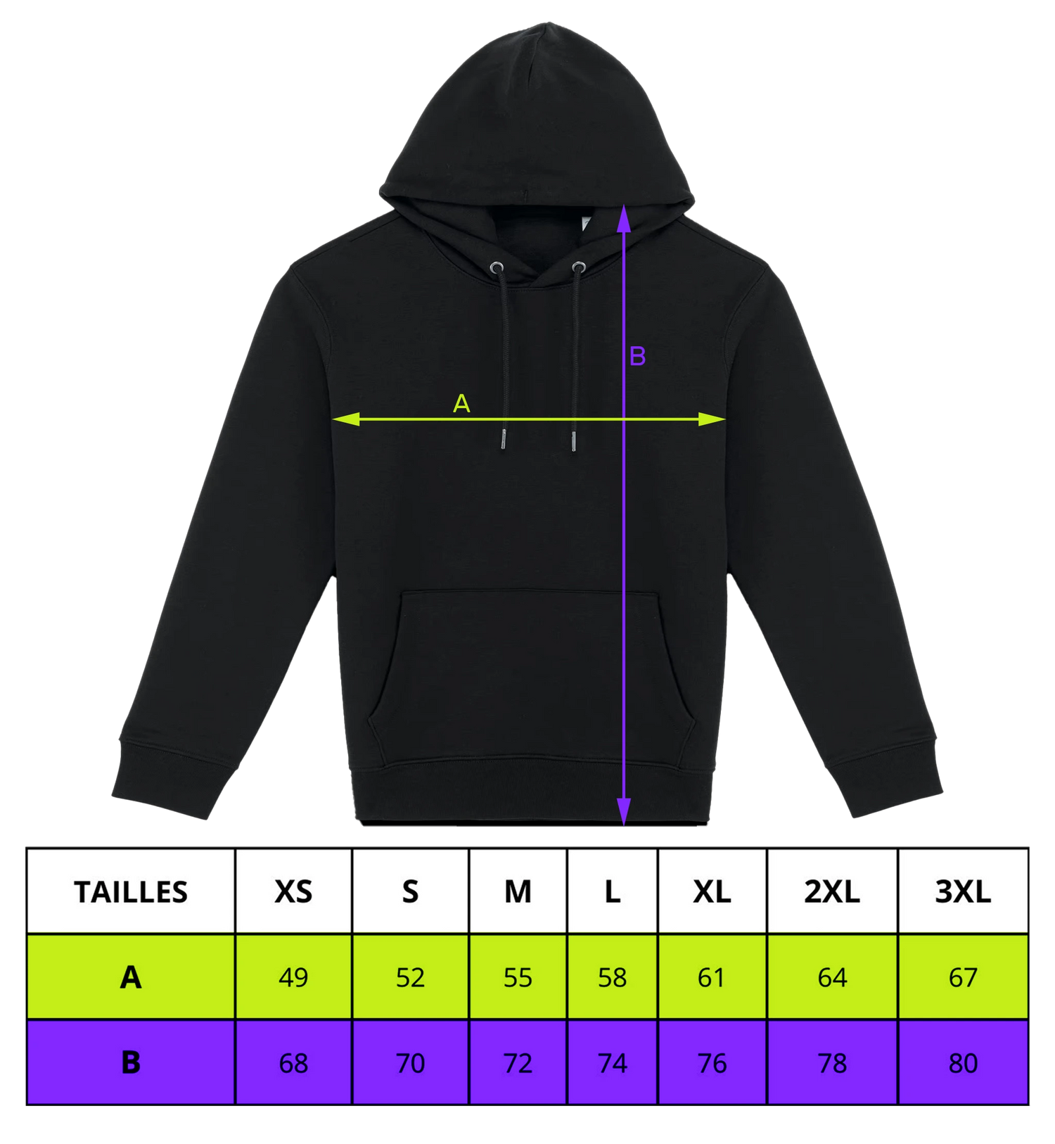 tableau des tailles pour les hoodies morozerie