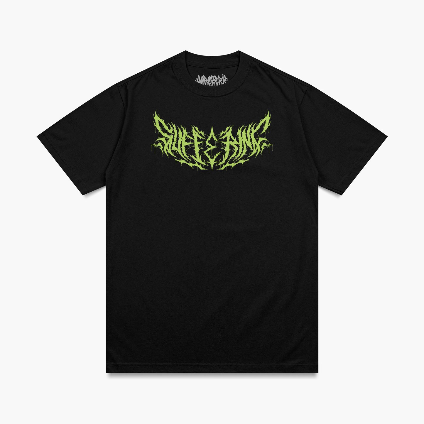 T-shirt de la Morozerie avec un lettrage hardcore vert "suffering"