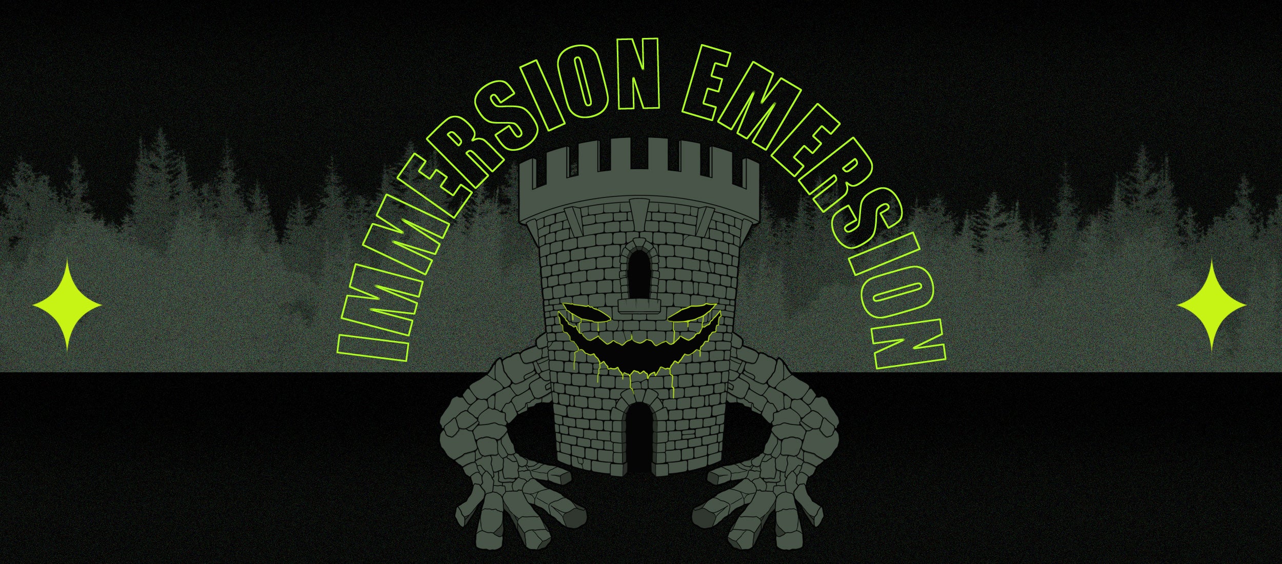 Bannière de la page d'accueil avec les mots "immersion et emersion" en vert lime. Un donjon avec un visage horrifique dans les tons gris vert