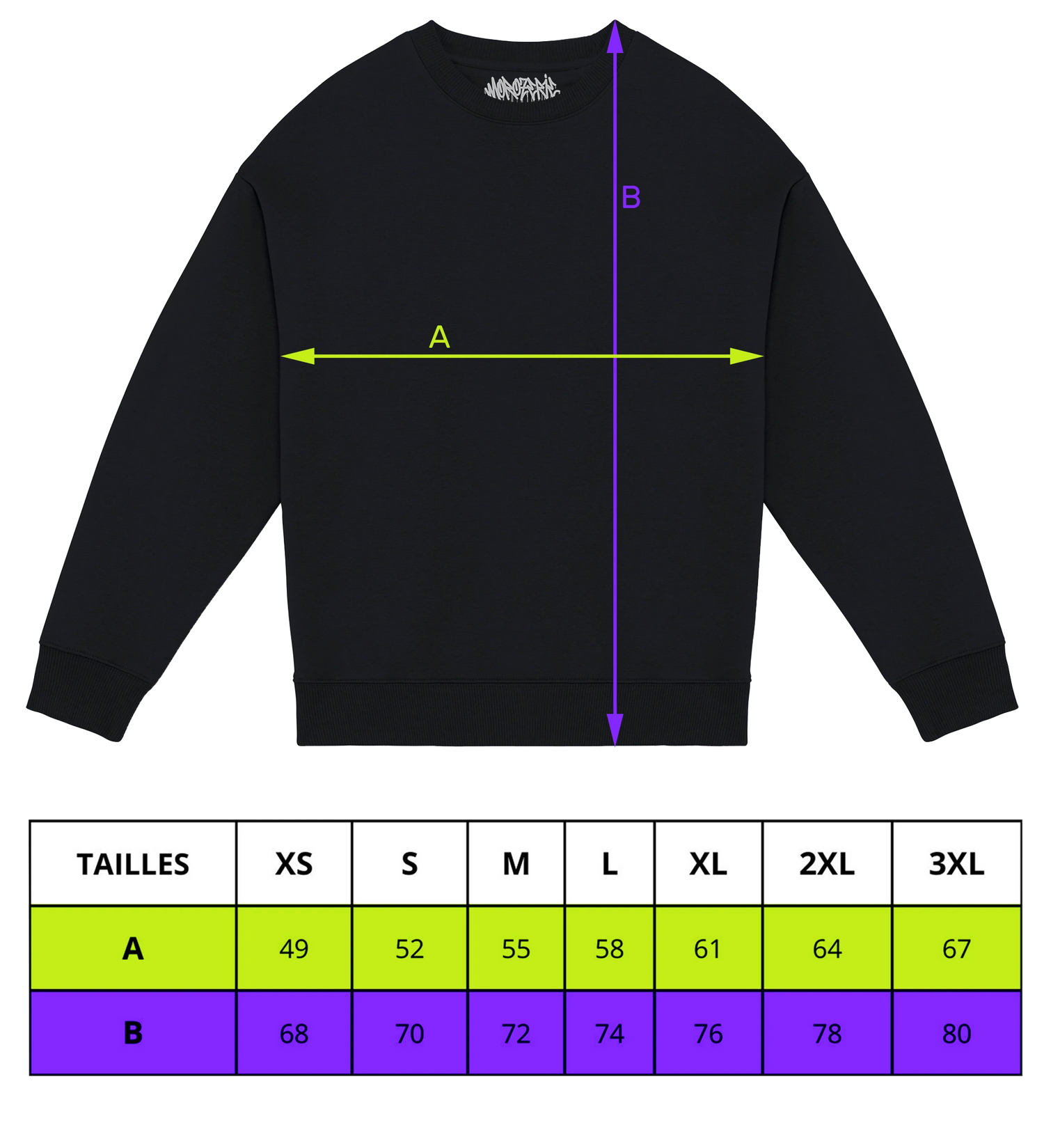 tableau des tailles pour les sweatshirts morozerie